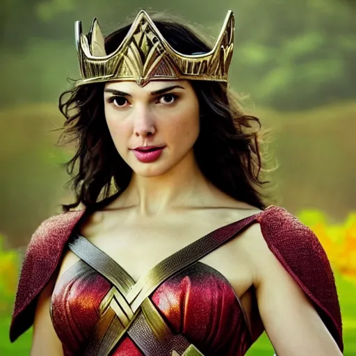 Image similar to photo of the beauty gal gadot, she is posing while maintain a sweet eye contact to the camera, she has a crown of flowers, the photo was taken at sunset with a bokeh effect, photo taken by edward steichen, photorealistic, matte painting, hyper realistic, 4 k, 8 k, cinematic composition, hd, highly detailed, trending on artstation