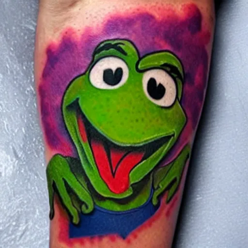 Image similar to tattoo of kermit the frog from sesame street dressed as the joker