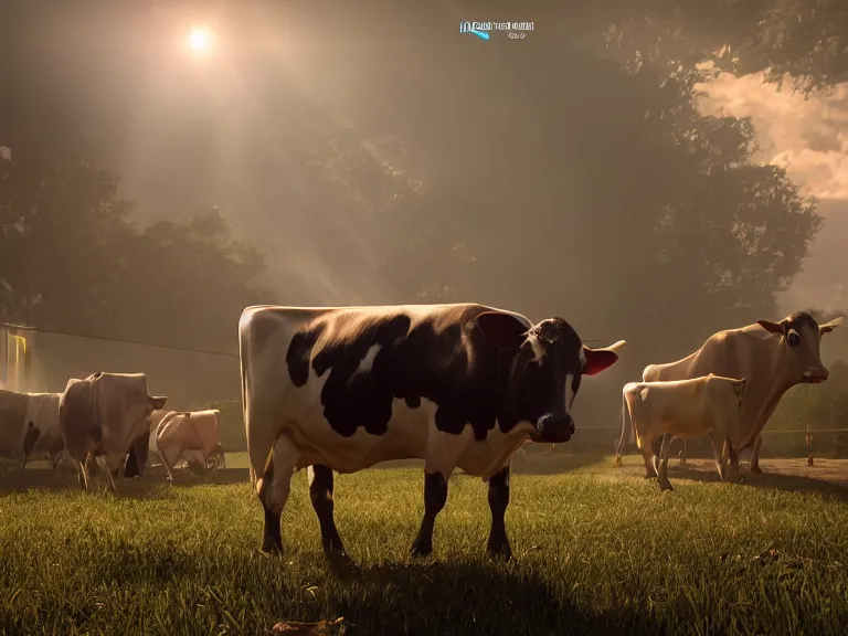 Prompt: honorary mention at a cow tipping contest, 8 k, ultra realistic, lens flare, atmosphere, glow, detailed, intricate, full of colour, cinematic lighting, trending on artstation, 4 k, hyperrealistic, focused, extreme details, unreal engine 5, cinematic, masterpiece