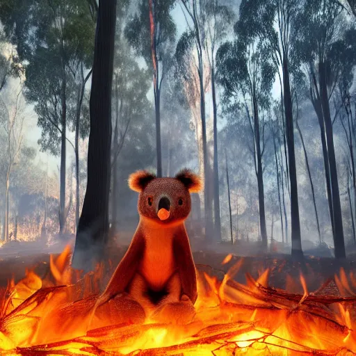 Image similar to Prime Minister Scott Morrison in front of a forest fire, not holding a hose, smoke, , cinematic, hyper realism, high detail, vivid colors, octane render, unreal engine, 8k, koala bear in tree