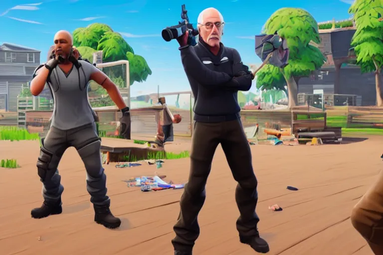 Prompt: a screenshot of a player with a larry david skin in fortnite ( 2 0 1 7 ), curb your enthusiasm public event in fortnite