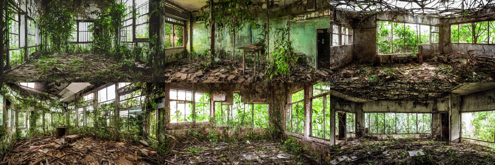 Prompt: abandoned sri lankan classroom, overgrown greenery, photography, dark