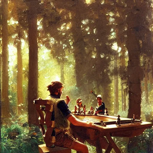 Prompt: a muscular lumberjack playing chess in the woods, fantasy painting by gaston bussiere, craig mullins