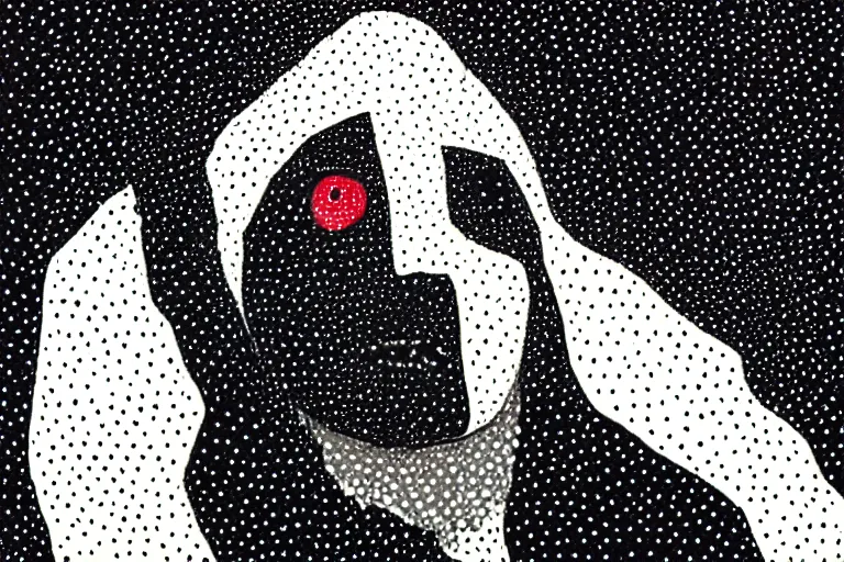 Image similar to black figure with white eyes, faceless people dark, dots, drip, stipple, pointillism, technical, abstract, minimal, style of francis bacon, asymmetry, pulled apart, cloak, hooded figure, made of dots, abstract, balaclava, colored dots