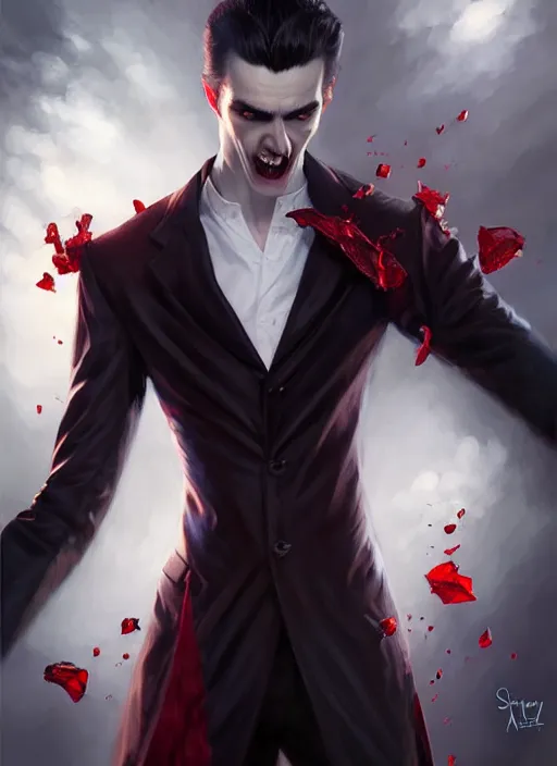 Image similar to vampire in the style of stefan kostic, realistic, full body shot, wide angle, sharp focus, 8 k high definition, insanely detailed, intricate, elegant, art by stanley lau and artgerm, floating embers