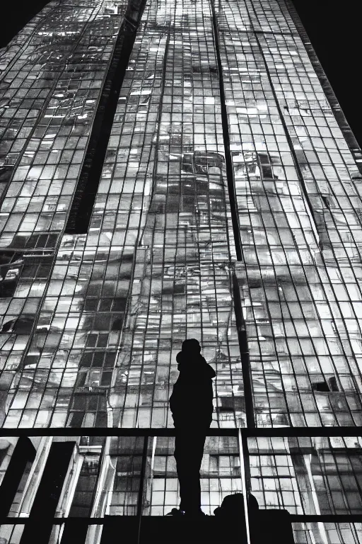 Image similar to view from below, man in reflective jacket closeup, night, the barbican behind, fashion photography, 3 5 mm photography, exposed b & w photography