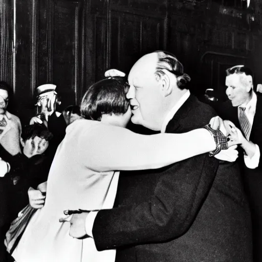 Prompt: Michail Gorbatschow and Winston Churchill hugging in fornt of crowd, black and white photo, some grain