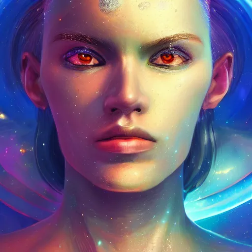 Image similar to highly detailed close up portrait of a celestial with a body made of spacedust, concept art, character art, studio lightning, bright colors, intricate, masterpiece, photorealistic, hiperrealistic, sharp focus, high contrast, Artstation HQ, DeviantArt trending, 4k UHD, Unreal Engine 5