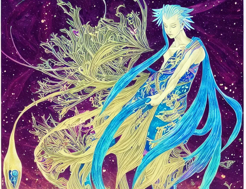 Image similar to priestess of galactic betta fish. gouache painting by award - winning mangaka, intricate details, chiaroscuro, bloom, backlighting