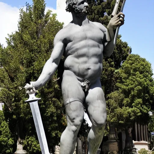 Prompt: Roman statue of Alex Jones hold a sword