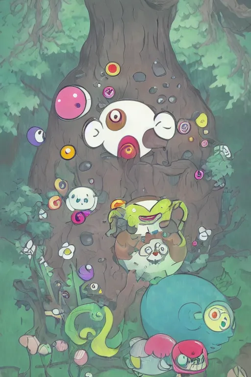 Image similar to A cute little monster in a misty forest art style by Takashi Murakami, Trending on artstation, artstationHD, artstationHQ, 4k, 8k