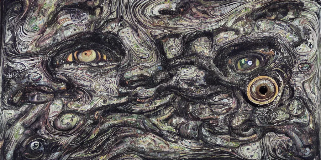 Prompt: camo made of eyes, technical, acrylic, teeth, eerie, tribal, clay, dotting, lines, stipple, points, cybernetic, style of old painting, francis bacon art, swirly eyes, hypnosis, eerie, terror, oil, neon, black and white background, splotches, colorful dots, ominous, terror, teeth, smiles