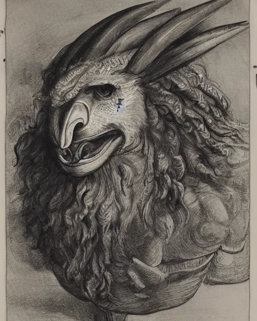 Image similar to human / eagle / lion / ox hybrid with two horns, one big beak, mane, human body. drawn by francis bacon