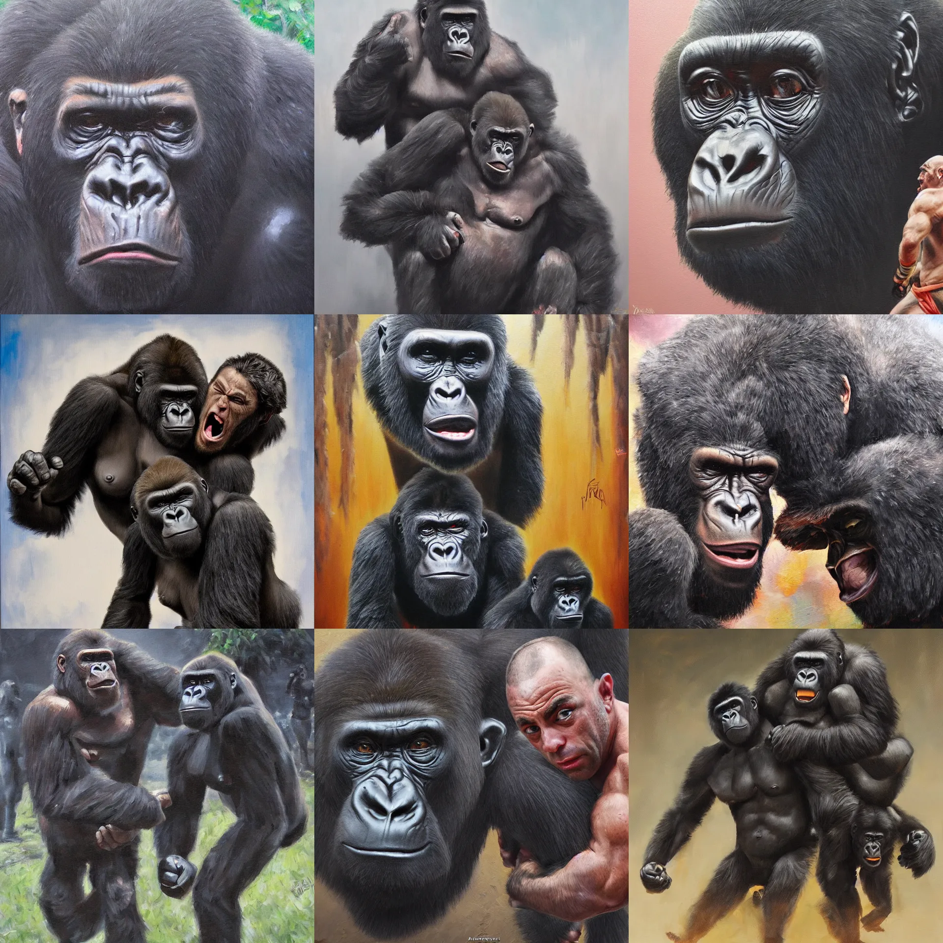 Prompt: joe rogan fights a gorilla, trending on artstation, detailed art, oil painting,