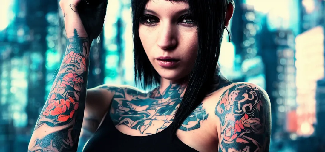 Image similar to a beautiful cyberpunk chick with tattoos photorealism bokeh