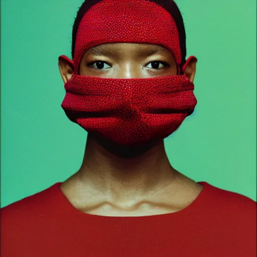 Image similar to realistic photoshooting for a new balenciaga lookbook, color film photography, portrait of a beautiful woman, model is wearing a balaclava mask, in style of tyler mitchell, 3 5 mm,