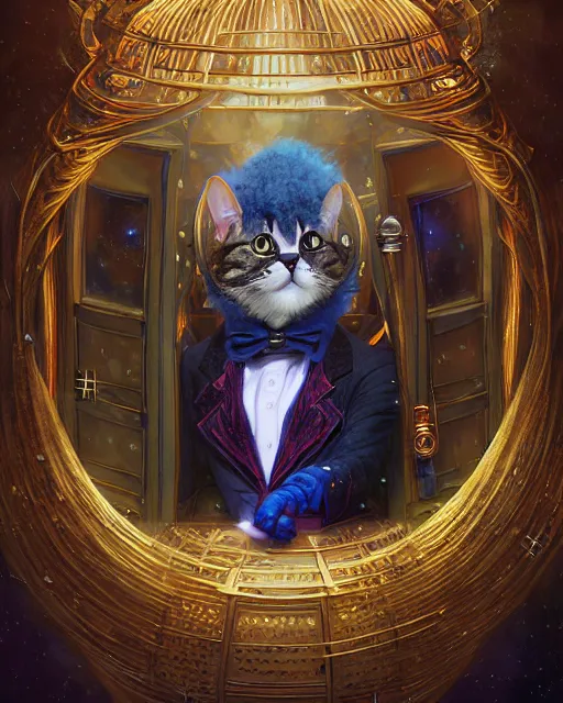 Image similar to anthropomorphic art of a timelord cat inside tardis, victorian inspired clothing by artgerm, victo ngai, ryohei hase, artstation. fractal papersand books. highly detailed digital painting, smooth, global illumination, fantasy art by greg rutkowsky, karl spitzweg, doctor who