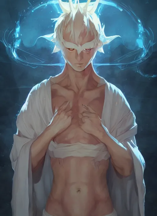 Prompt: concept art painting of a tan person with short white hair, demon horns, white freckles, and blue robes, detailed, cel shaded, in the style of ruan jia and artgerm and makoto shinkai and james gurney