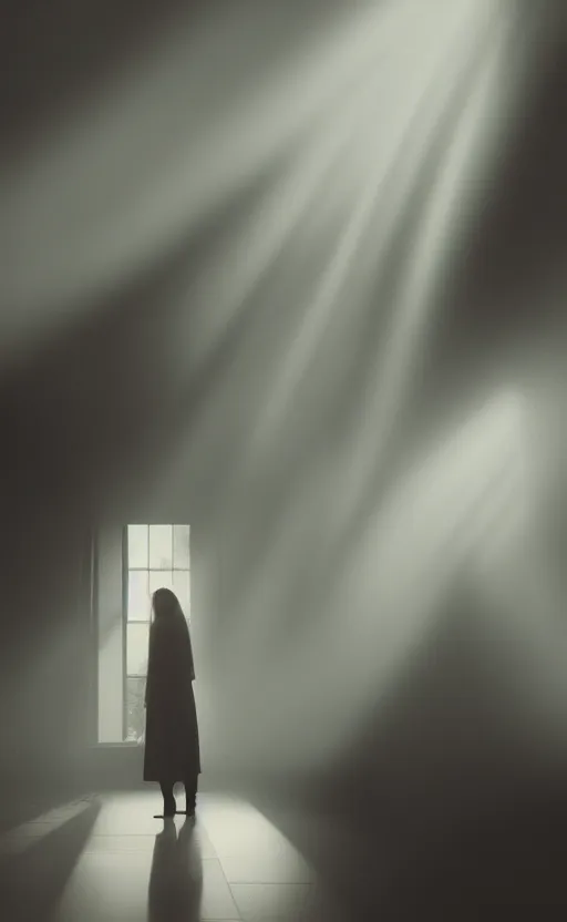 Image similar to photograph of a beautiful woman standing next to a window god rays shining on her from the sunlight, volumetric fog, smoke, depth of field, beautiful composition, featured on artstation and instagram