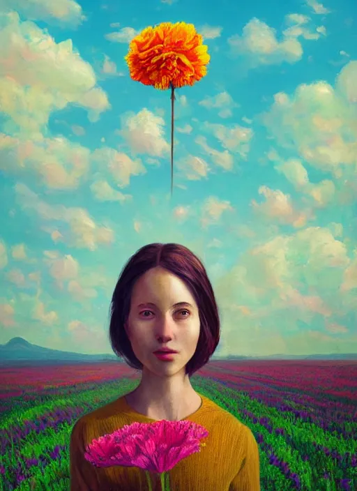 Image similar to portrait of a woman with a giant carnation as a face, flower field, surreal photography, sunset dramatic light, impressionist painting, colorful clouds, blue sky, digital painting, artstation, simon stalenhag