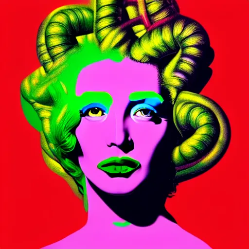 Image similar to an extremely psychedelic portrait of medusa as andy warhol, surreal, lsd, face, detailed, intricate, elegant, lithe, highly detailed, digital painting, artstation, concept art, smooth, sharp focus, illustration