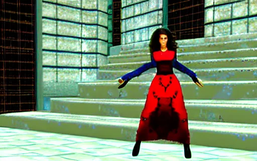 Prompt: Kate Bush in an ornate dress in Tony Hawk's Pro Skater 3, gameplay screenshot