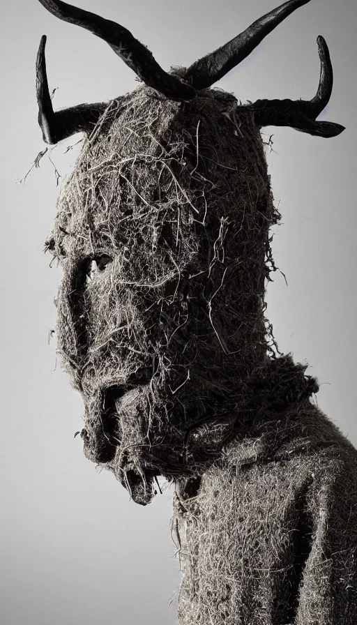 Prompt: portrait of a tyrolean folklore mask, wearing hay coat, with horns, eerie, flowers growing out of his body, detailed intricate insanely detailed octane render, 8k artistic 1920s photography, black and white, grainy, photorealistic, chiaroscuro, by David Cronenberg, Raphael, Caravaggio