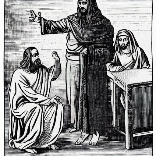 Prompt: business Jesus presenting abysmal sales figures in front of angry shareholder’s threatening to crucify him