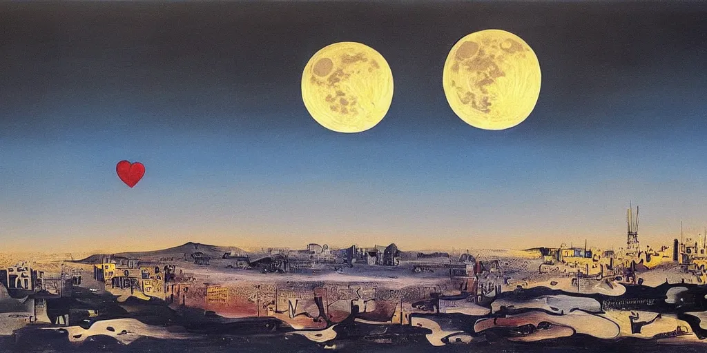 Image similar to love and fear in tehran skyline in a winter night, a full moon in the sky, surreal painting by salvador dali,