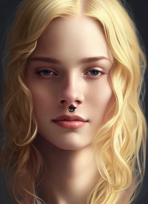 Prompt: beautiful feminine face! portrait of young woman blessed by god with ever - increasing physical mental perfection, blonde hair, symmetrical! intricate, elegant, highly detailed, holy perfection!! smile, plush lips, digital painting, artstation, concept art, smooth, sharp focus, illustration, art by artgerm and greg rutkowski and alphonse mucha