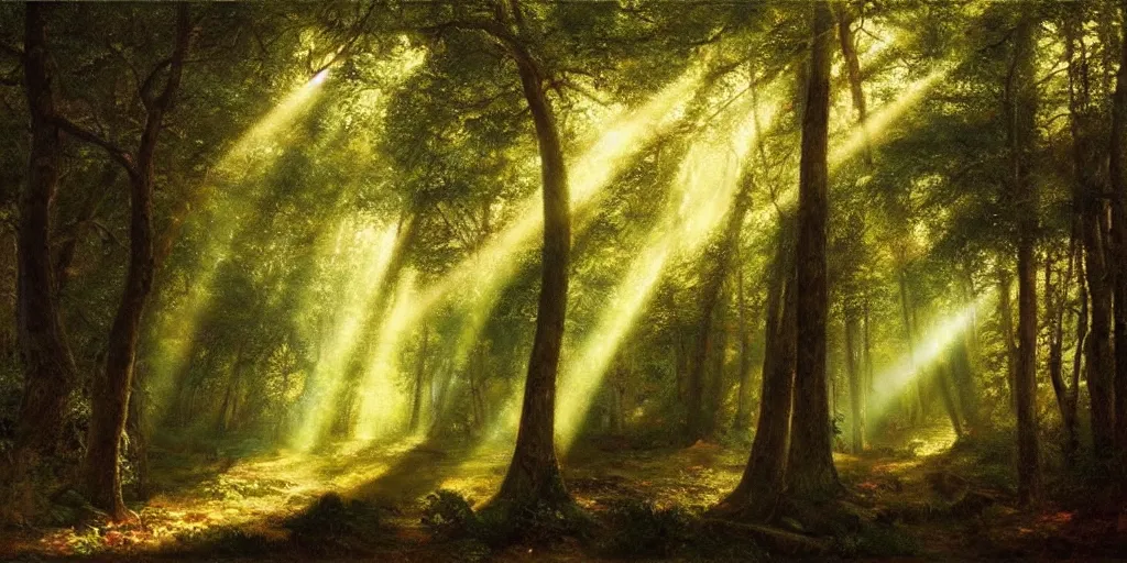 Image similar to a bright oil painting of a forest with rays of light coming through the canopy; masterpiece; extremely-detailed; by Carravaggio