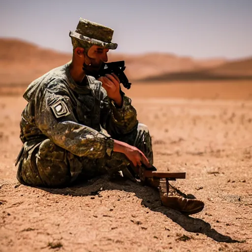 Image similar to portrait of a soldier sitting in the desert eating some crayons, beautiful composition, 5 0 mm f 1. 8, ambient light