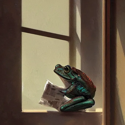 Prompt: A frog reading the newspaper in his armchair in the background books near a window by Greg rutkowski, Trending artstation