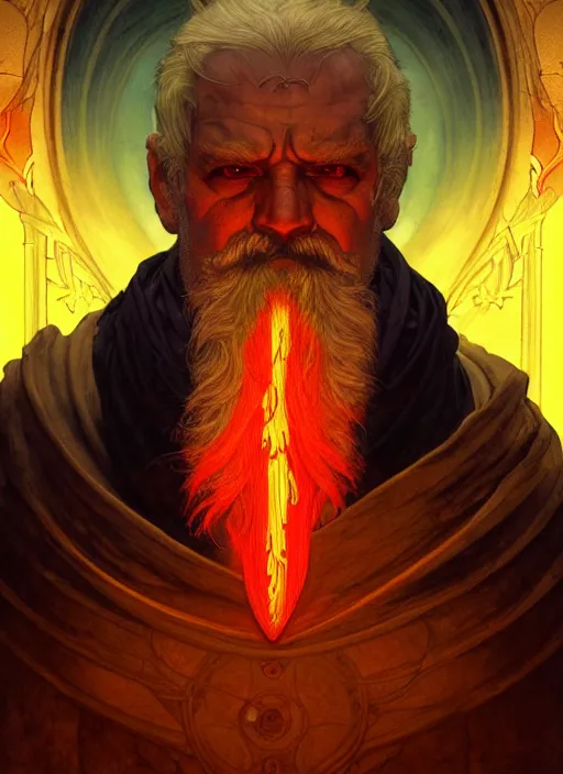 Image similar to the god hephaestus, old man, fiery hair, glowing eyes, volumetric lights, yellow and red scheme, art nouveau botanicals, gothic, intricate, highly detailed, digital painting, artstation, concept art, smooth, sharp focus, symmetric face, illustration, steampunk, art by artgerm and greg rutkowski and alphonse mucha