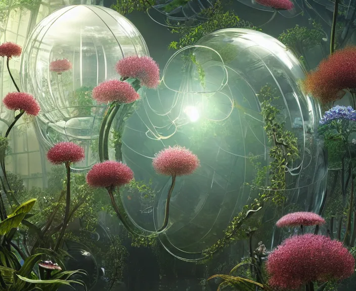 Image similar to elegance, transparent clear see - through image of many bubbles, lush botany, flowers, industrial plant environment, ultra realistic, concept art, photorealistic, octane render, 8 k, unreal engine. art by gustave dore and nori inoguchi and sam kaplan and zachary goulko and christopher marley and artgerm and alphonse mucha