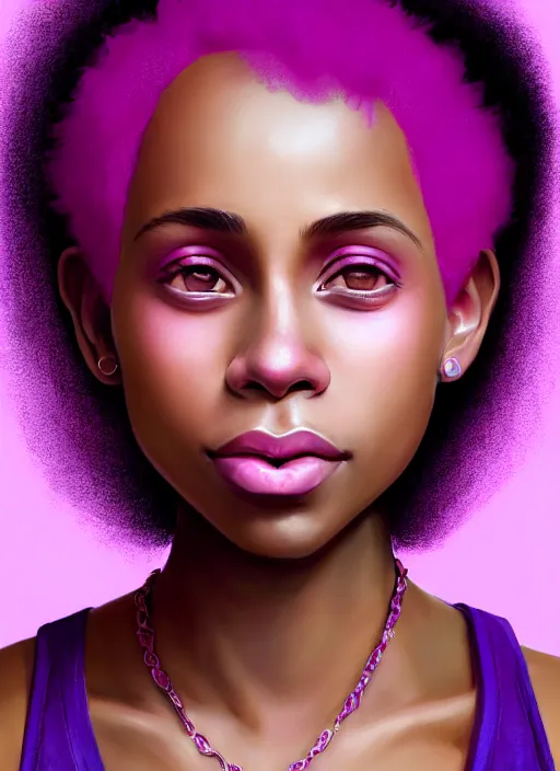 Image similar to portrait of vanessa morgan, black teenage girl, pink hair, wavy pixie haircut, purple newsboy cap, fluffy pink hair coming out from under cap, hoop earrings, subtle confident smile, intricate, elegant, glowing lights, highly detailed, digital painting, artstation, concept art, sharp focus, illustration, art by wlop, mars ravelo and greg rutkowski