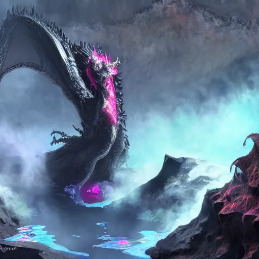 Image similar to a black dragon in the middle of a colorful geothermal hotspring in a cavern, featured on artstation