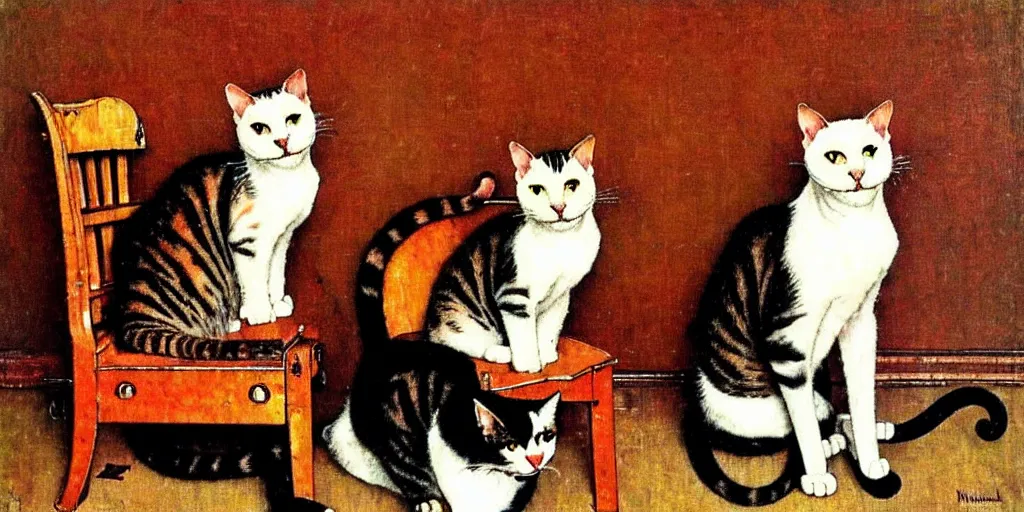 Image similar to two cats on an old armchair, style of norman rockwell