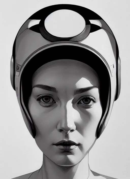 Image similar to artwork by james jean and Phil noto; a close up on the face of a beautiful woman that in a future space suit; wearing futuristic astronaut helmet; highly detailed; pretty eyes; circular black pupils; artwork by james jean and Phil noto