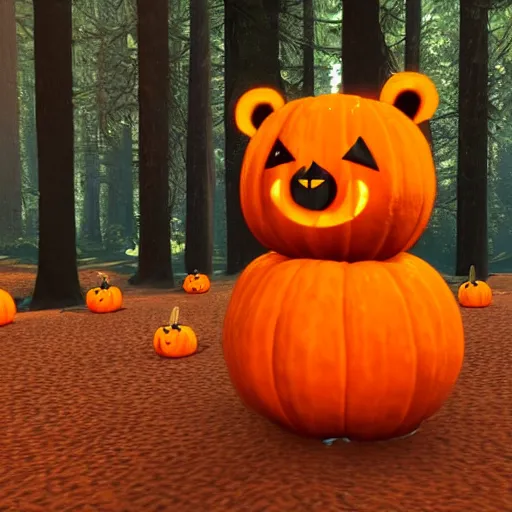 Image similar to a cute smiling bear made of pumpkins walking through the woods, unreal engine