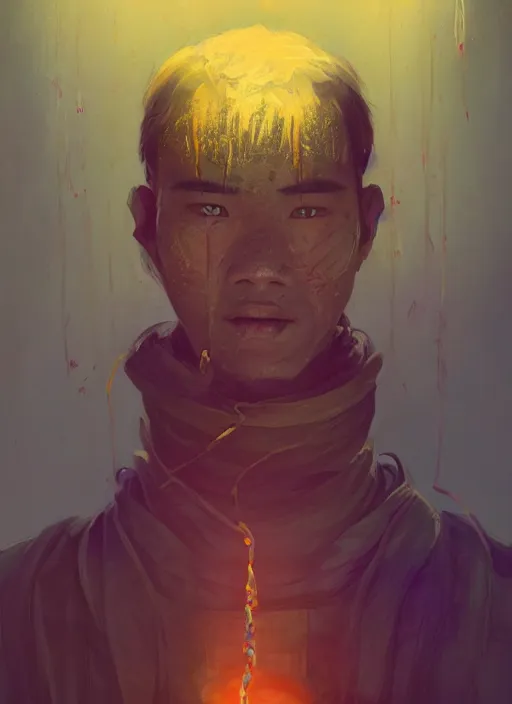 Image similar to colorful character portrait of a chinese prisoner at night lit by the stars, wispy smoke, highly detailed face, very intricate, symmetrical, cinematic lighting, award - winning, painted by mandy jurgens, peter doig, dystopian, bold colors, dark vibes, anime aesthetic, featured on artstation