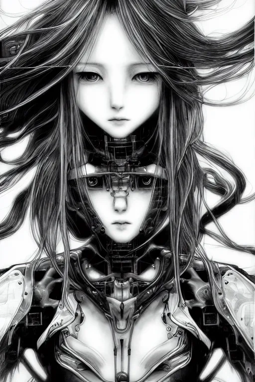 Prompt: a vertical portrait of a character in a scenic environment by Yoshitaka Amano, black and white, dreamy, cybernetic armor, wavy long black hair, highly detailed