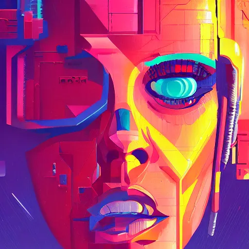 Image similar to a graph - style gouache impasto huge robot head in front of her, cyberpunk art by by james gilleard, cgsociety, retrofuturism, synthwave, retrowave, outrun