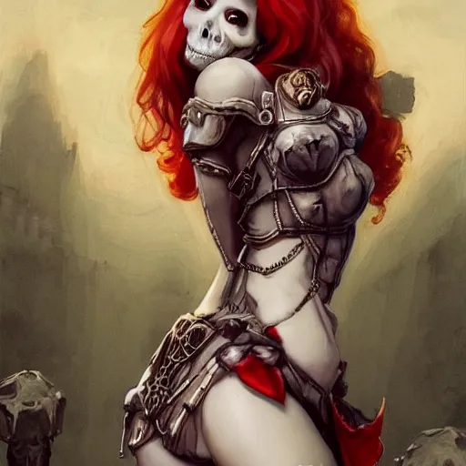 Prompt: cute & beautiful smug smiling undead skeleton girl with very attractive face and red hair dressed as a roman warrior, elegant, digital art, fullbody painting, fantasy, pixar style, painting, pin up, highly detailed, artstation, art by artgerm, vrubel, greg rutkowski, ilya kuvshinov, raymond swanland