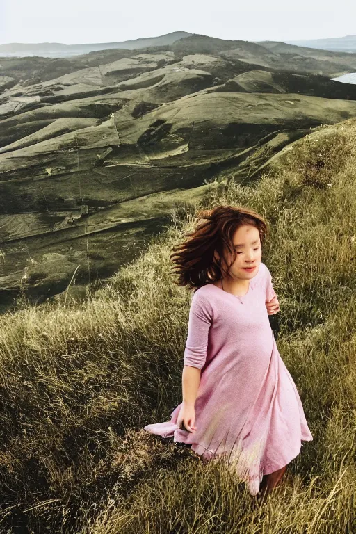 Prompt: a girl enjoying the wind in the edge of a hill, beautiful landscape, aesthetic