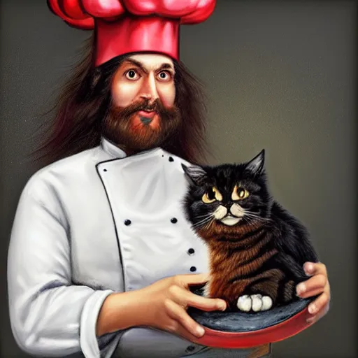 Prompt: oil painting portrait of a long haired fluffy cat wearing chef hat and apron with restaurant kitchen background digital art, concept art, highly detailed, 3-D 4k, trending on art station, Mark Brooks,