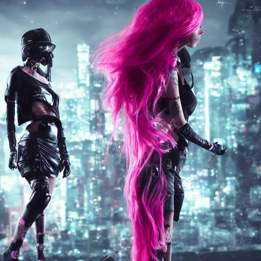 Prompt: stunning young cyberpunk girl + pink hair + black hoddy + flury skirt, living her dreams, mysterious, atmospheric, cinematic, Epic, 8k, 4k, ultra detail, ultra realistic, rendered by awesomeness