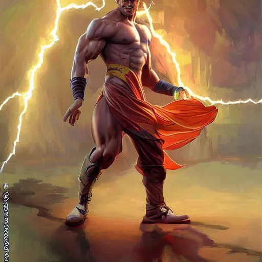 Image similar to character concept, full body, symmetrical, laughing young man with strong body. detailed, high quality, dynamic lightning, fantasy, scenematic. artwork by artgerm, wlop, alex ross, greg rutknowski, alphonse mucha