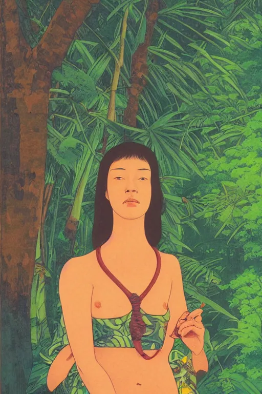 Image similar to a closeup portrait of a young woman taking mind altering drugs, a blotter paper of lsd acid and dreaming psychedelic hallucinations in the vast green landscapes of the amazon jungle, by kawase hasui, moebius, edward hopper, colorful flat surreal design, hd, 8 k, artstation