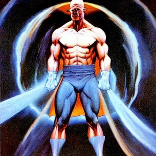 Image similar to painting by Frank Frazetta of Christian Bale!!!! as Dr. Manhattan in Watchmen